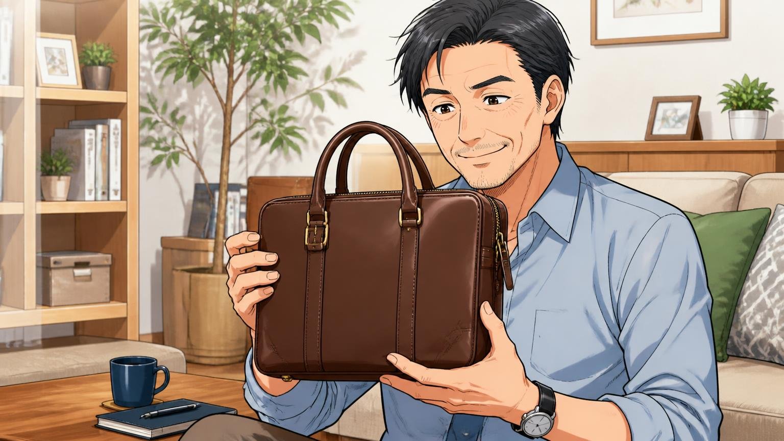 良い評判の結論は丁寧な作り・長く使える・価格以上の3つ 自宅のリビングで革のビジネスバッグを手に取る40代男性1人 満足げな笑顔
