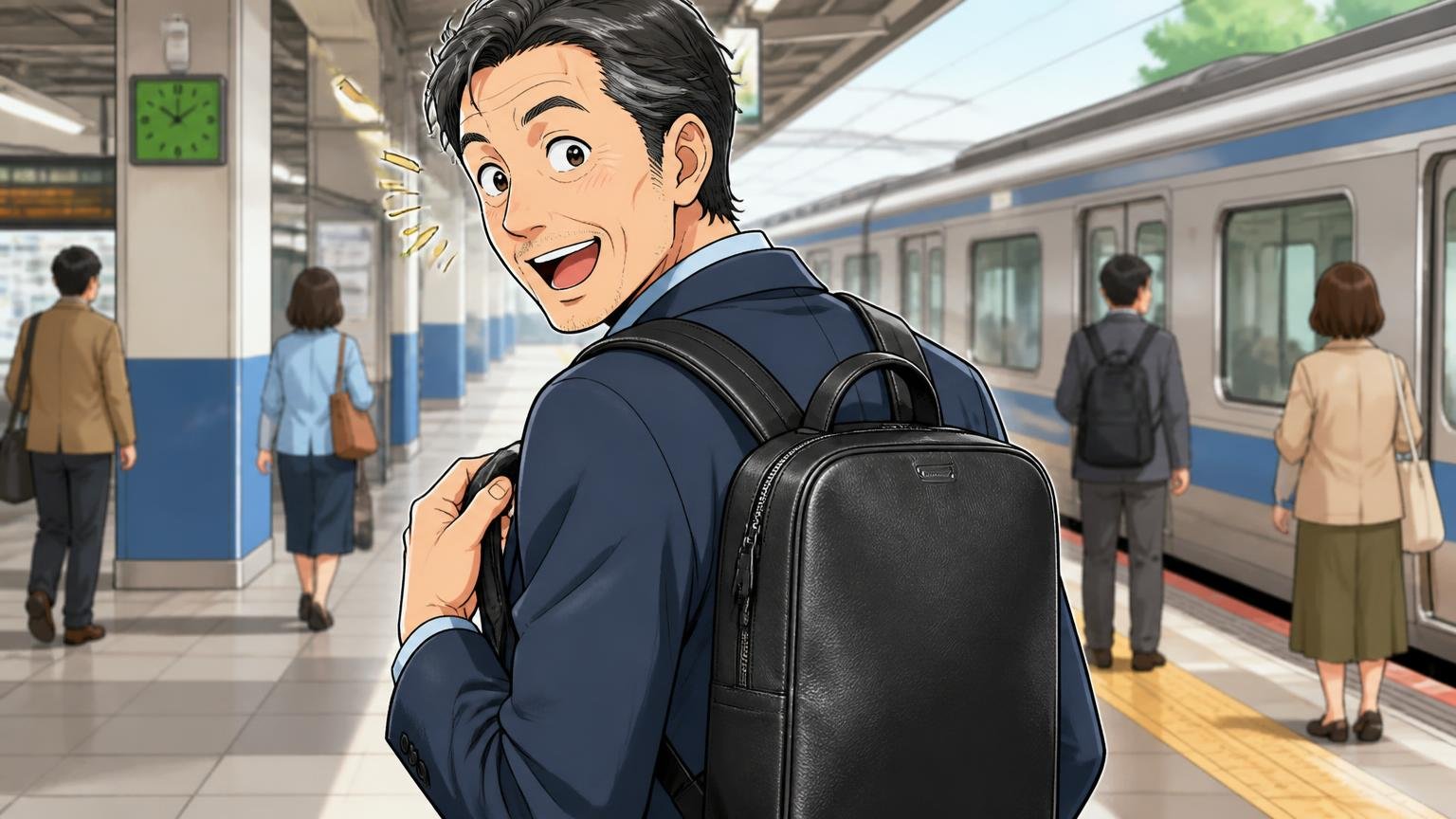 良い口コミ|軽さとロゴを主張しないデザインが評価されている 駅のホームで革のリュックを背負い、軽さに驚いて笑顔になる40代男性1人