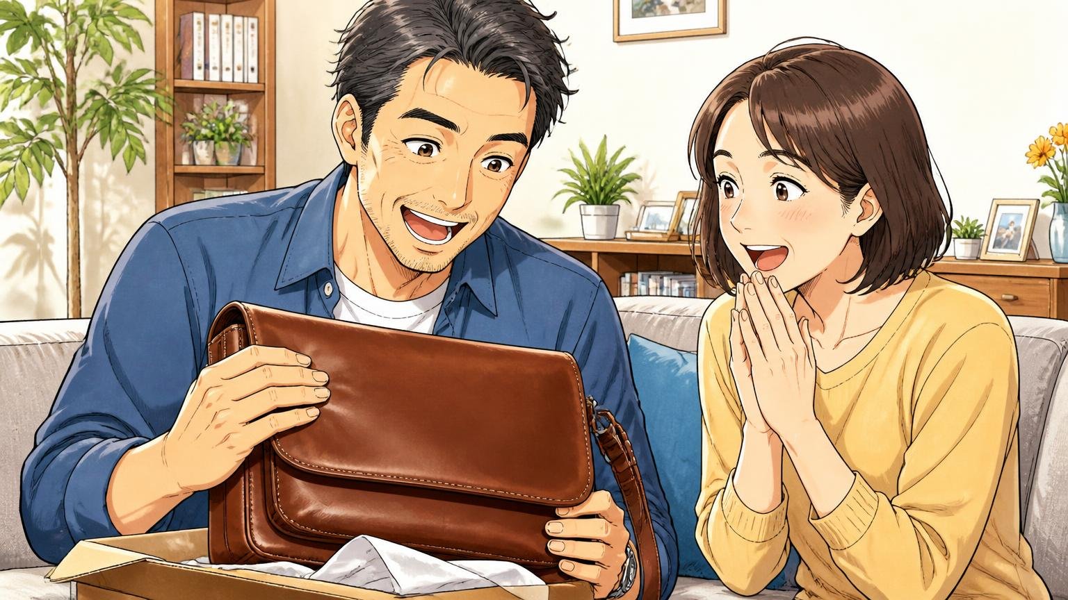 良い評判のまとめ 自宅のリビングで届いた革バッグの手触りを確かめて笑顔になる40代男性と妻の2人
