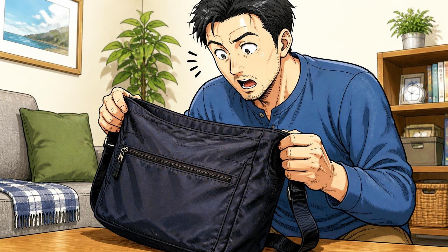 良い評判:10年使っても壊れる気配がない丈夫さ。自宅のリビングで使い込んだナイロンのショルダーバッグを広げ、驚いた表情で眺める40代男性1人