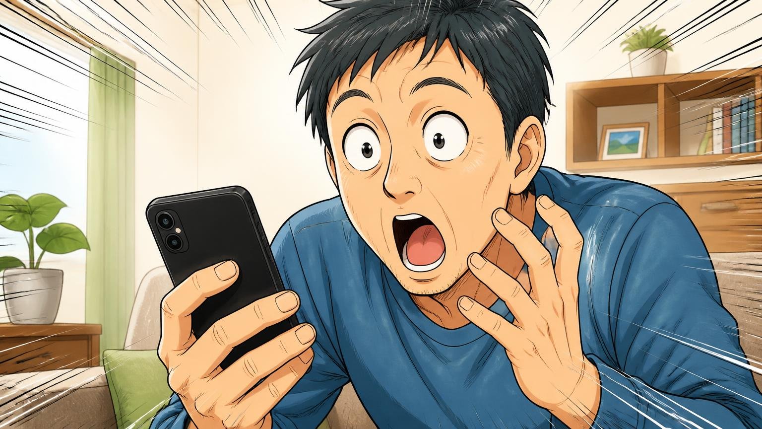 楽天レビュー188件の内訳は★4以上が約9割 自宅のリビングでスマホのレビュー画面をのぞき込む場面 40代男性1人が目を丸くして驚く
