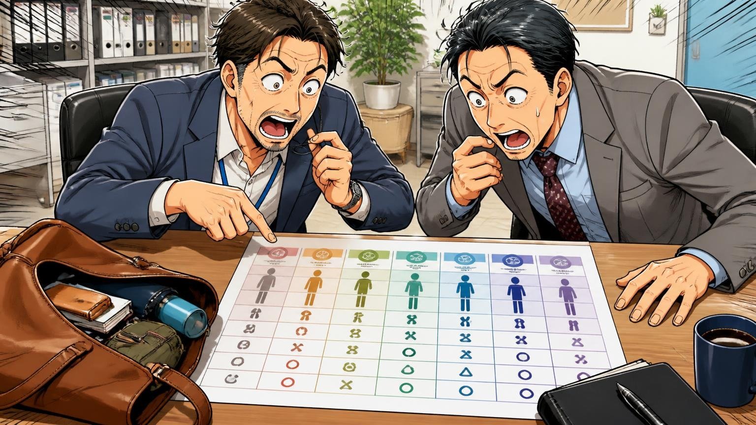 6つの方法と向いている人・向いていない人が一目で分かる早見表、オフィスの机に革トートの中身を広げ40代男性2人が見比べて驚く場面