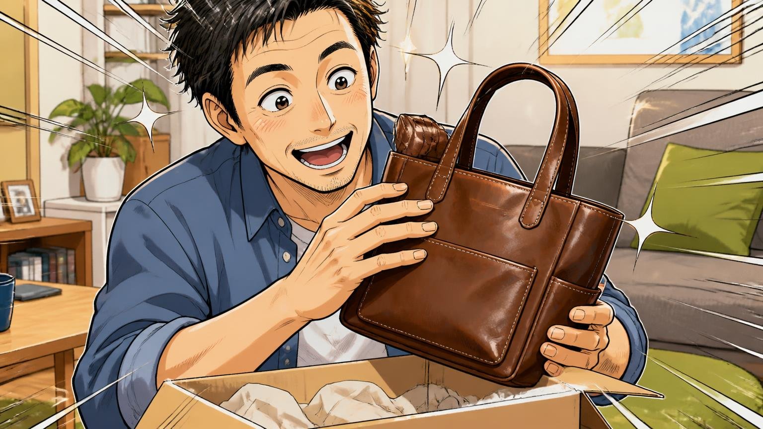 良い評判は「しっとりした革」「ちょうどいいサイズ」「ポケットの多さ」 自宅のリビングで届いた革のミニトートを箱から出す40代男性1人が目を輝かせて革をなでる場面