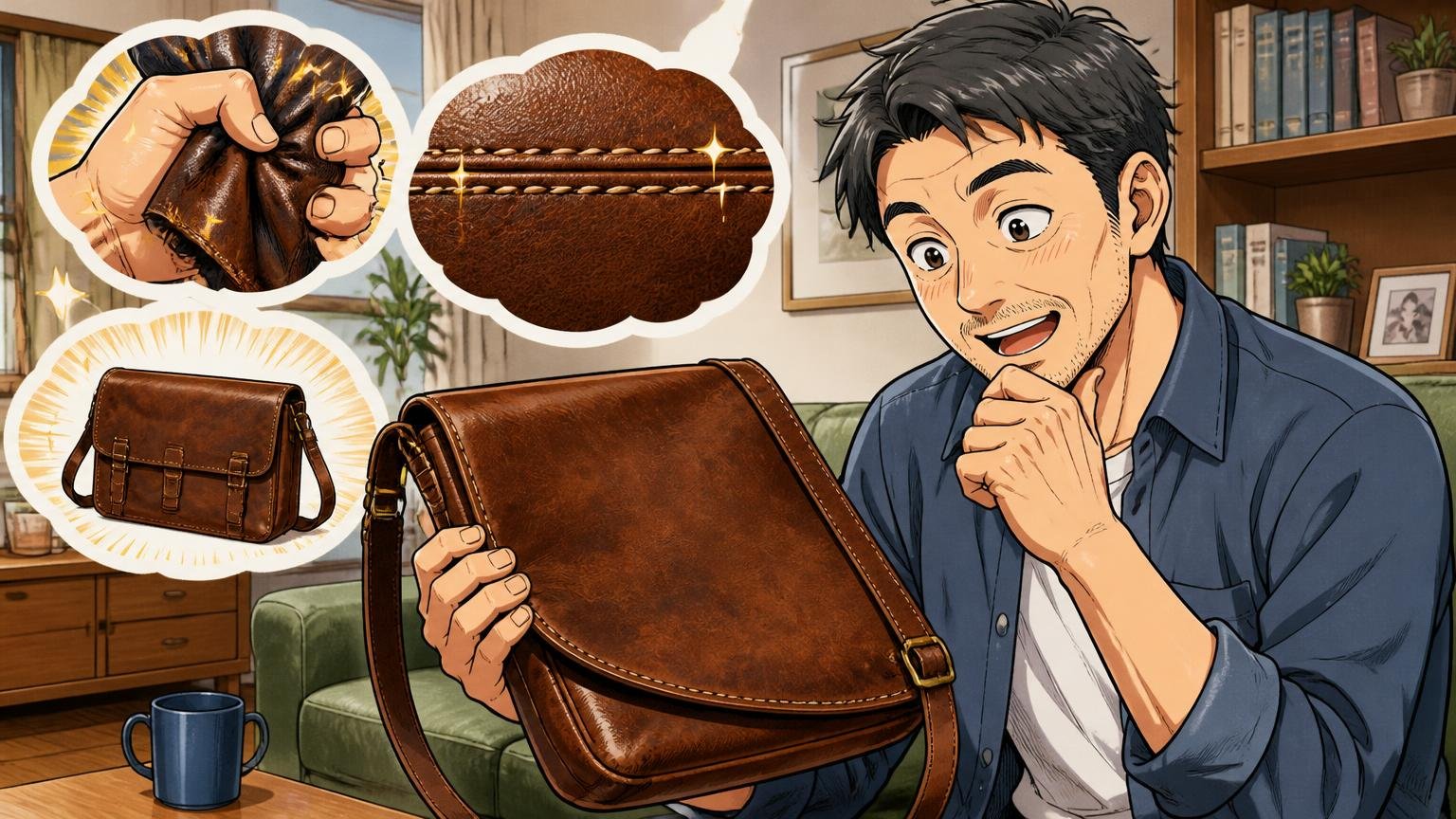 良い評判|革のがっしり感・縫い目のきれいさ・15年型崩れしない丈夫さ、自宅のリビングで長年使った革のショルダーバッグを眺める40代男性1人が感心する場面