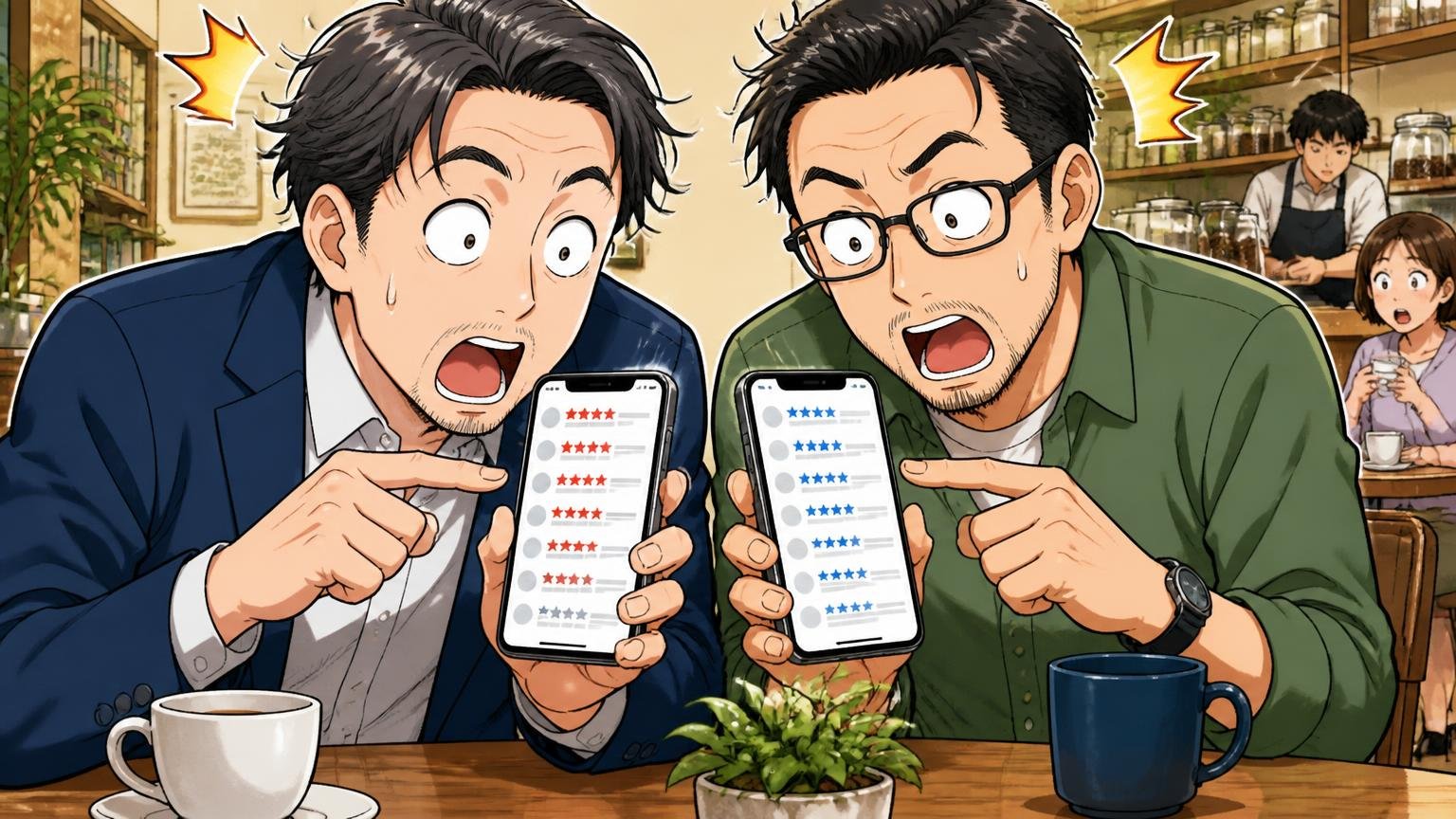 良い評判5つ・悪い評判5つを一覧で見る|カフェのテーブルで40代男性2人がスマホの口コミを見比べて目を丸くする場面