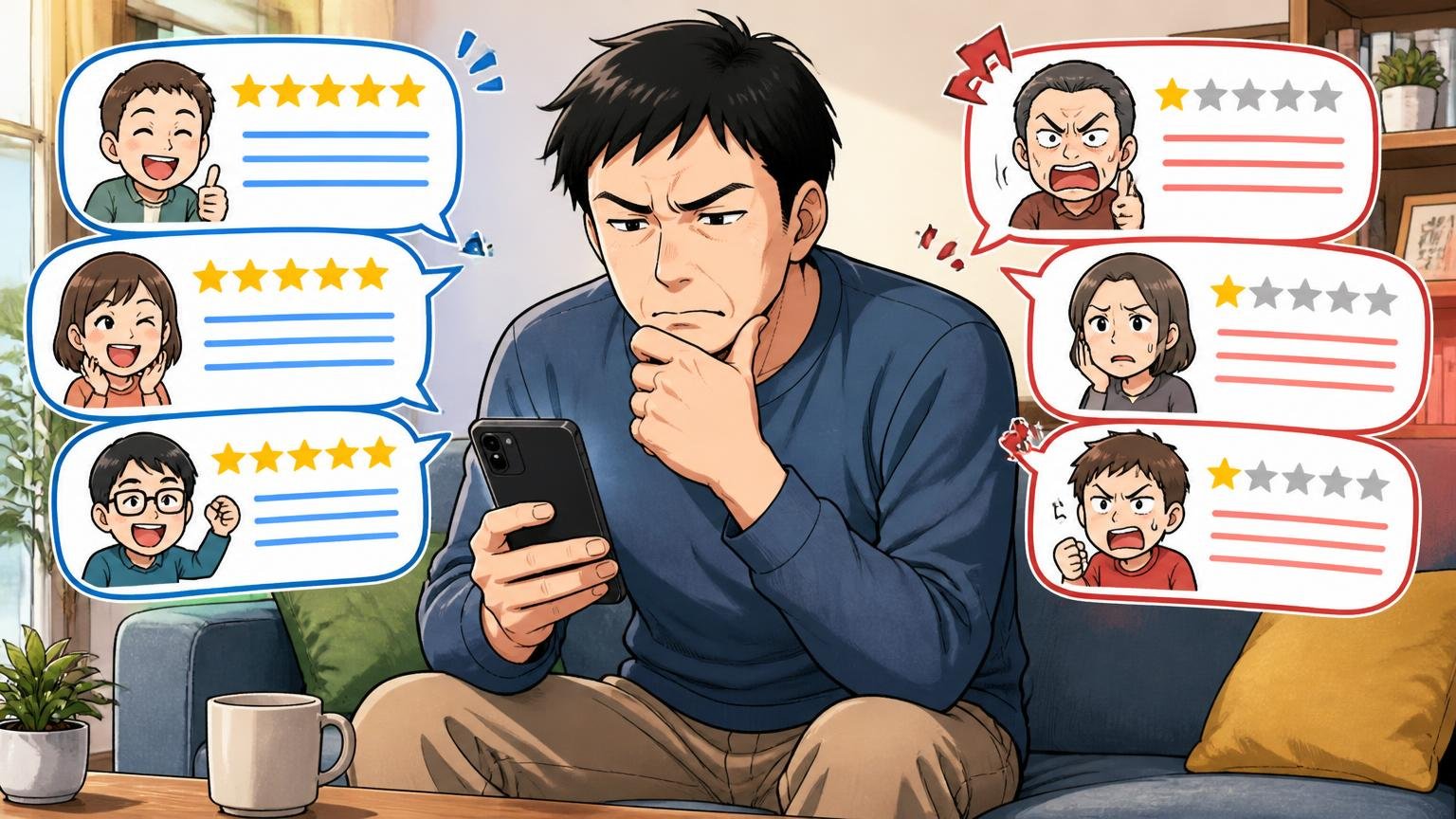 良い評判・悪い評判をひと目でまとめると、自宅のリビングでスマホの口コミを見比べる場面、40代男性1人が眉をひそめて考え込む