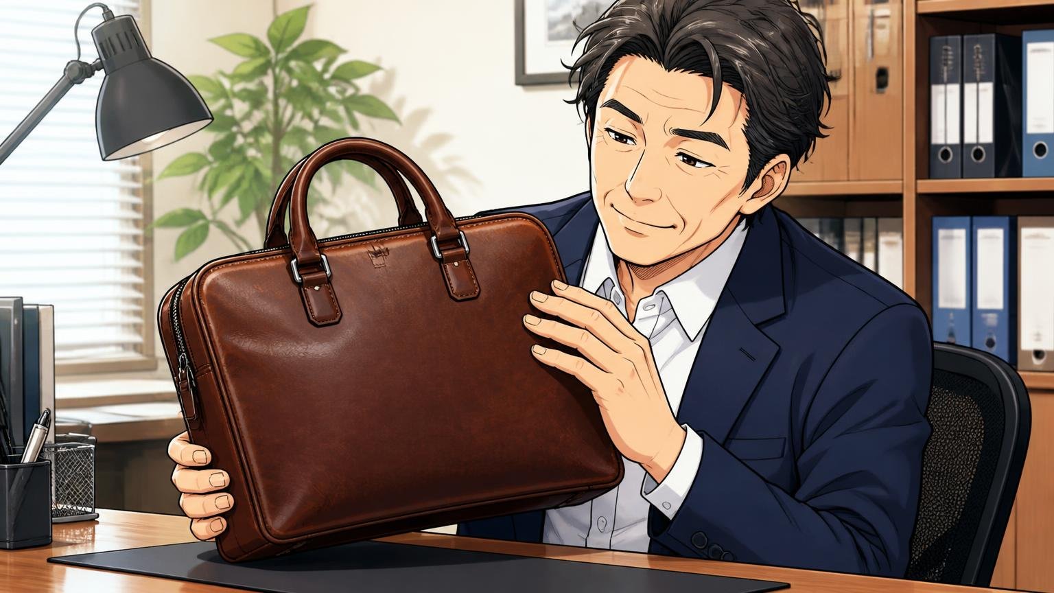 良い評判の傾向は「革質・経年変化・型崩れしにくさ・接客」 オフィスのデスク脇で革のビジネスバッグを眺める40代男性1人が満足そうに微笑む場面