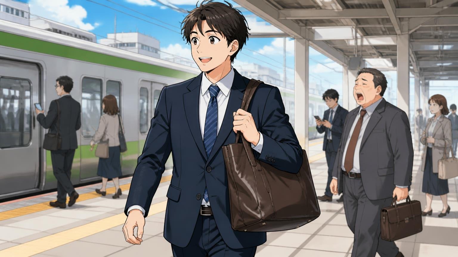 良い口コミで多いのは「牛革なのに軽い」「この価格でお得」「スーツにも合う」、駅のホームで革トートを肩に掛け笑顔で歩く会社員男性1人