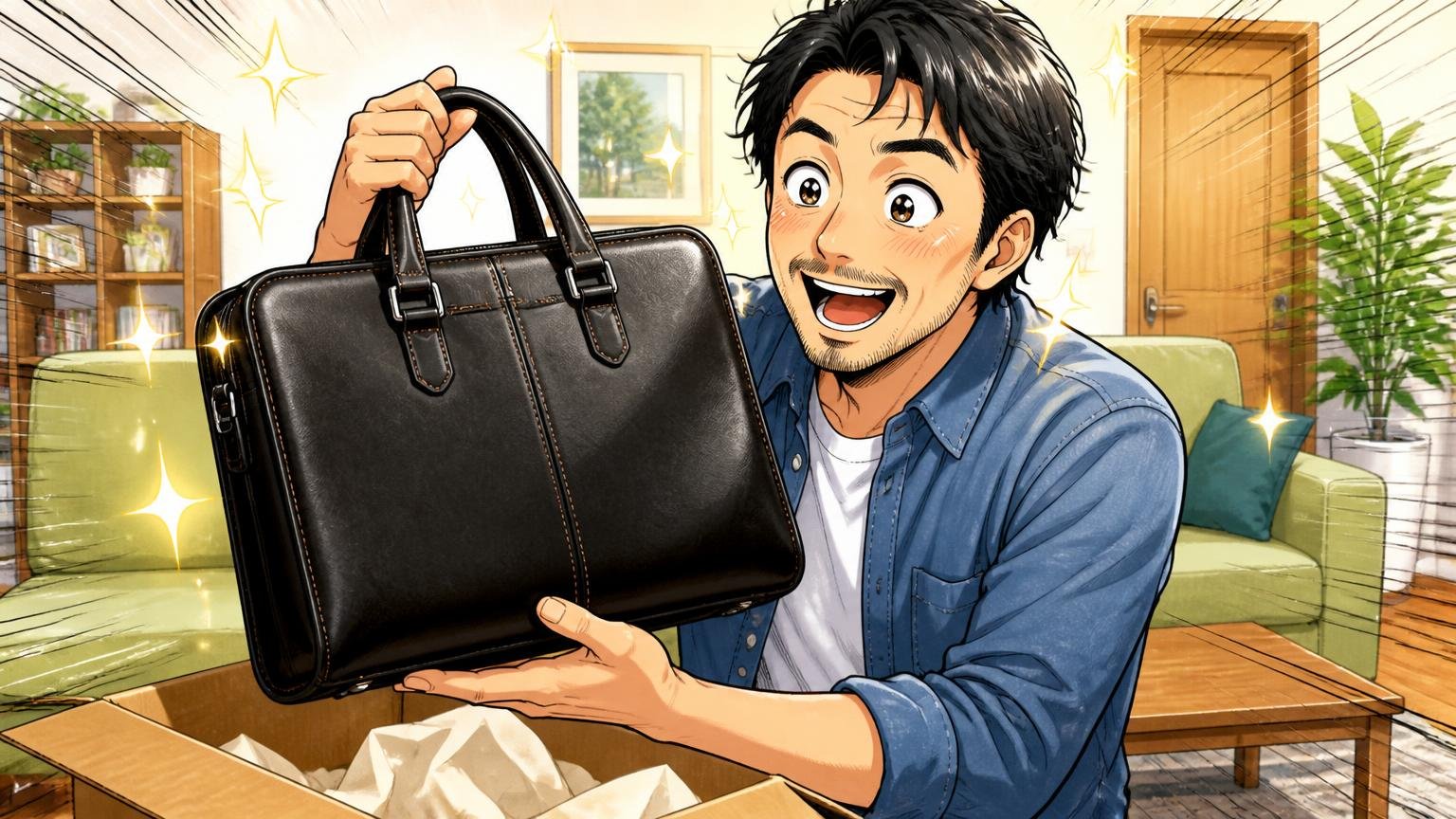 良い口コミ：写真以上の高級感、自立する本革、思ったより軽い 自宅のリビングで届いた革のビジネスバッグを手に取る場面 40代男性1人が目を輝かせる