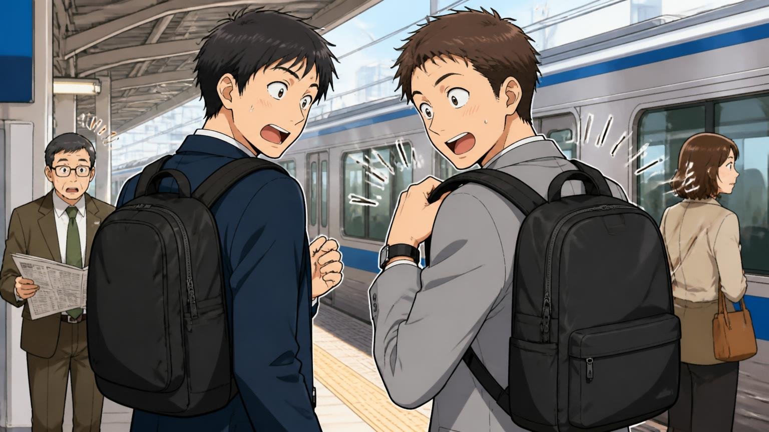 良い口コミは「軽さ」と「見た目の高級感」に集中、朝の駅のホームでナイロンのリュックを背負った男性2人が軽さに驚く場面