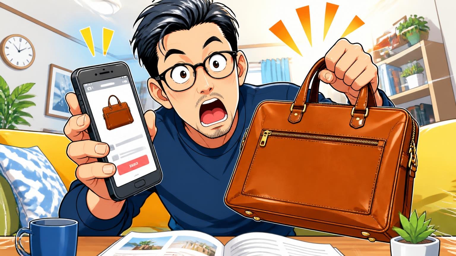 表示価格だけなら通販が安くなりやすい3つの理由 自宅のリビングでスマホの通販画面と革バッグを見比べる40代男性1人が目を丸くする場面