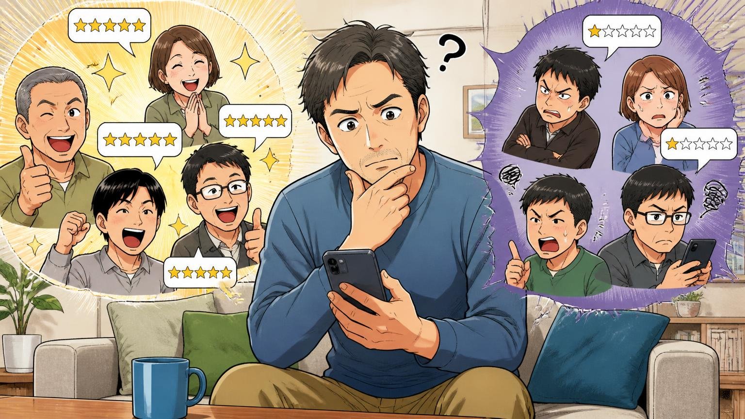 購入者は★5が中心、知恵袋では辛口に分かれる理由 自宅のリビングでスマホの口コミを見比べ首をかしげる40代男性1人
