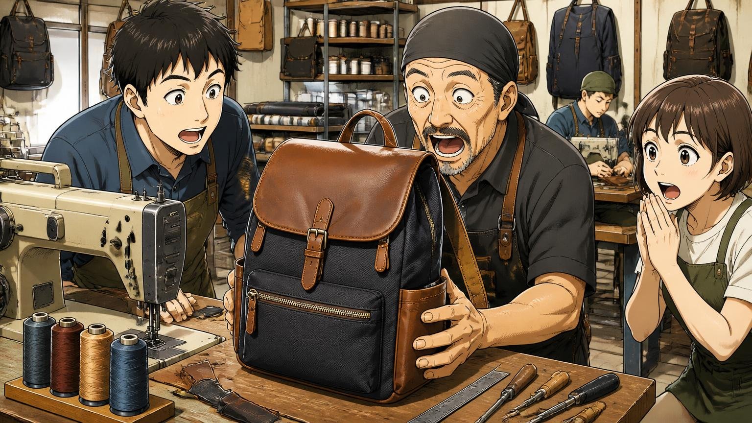 品質と機能は本物|日本の自社工場で作られ、修理まで対応、革とナイロンの工房で職人たちがリュックを縫い上げ、出来栄えに目を見張る場面