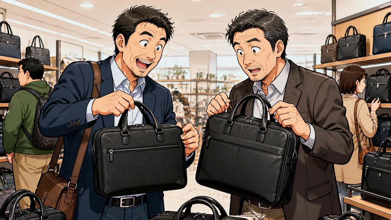 購入者の年代データで見ると、いちばん多いのは50代 家電量販店のかばん売り場で40代と50代の男性2人がビジネスバッグを見比べる場面