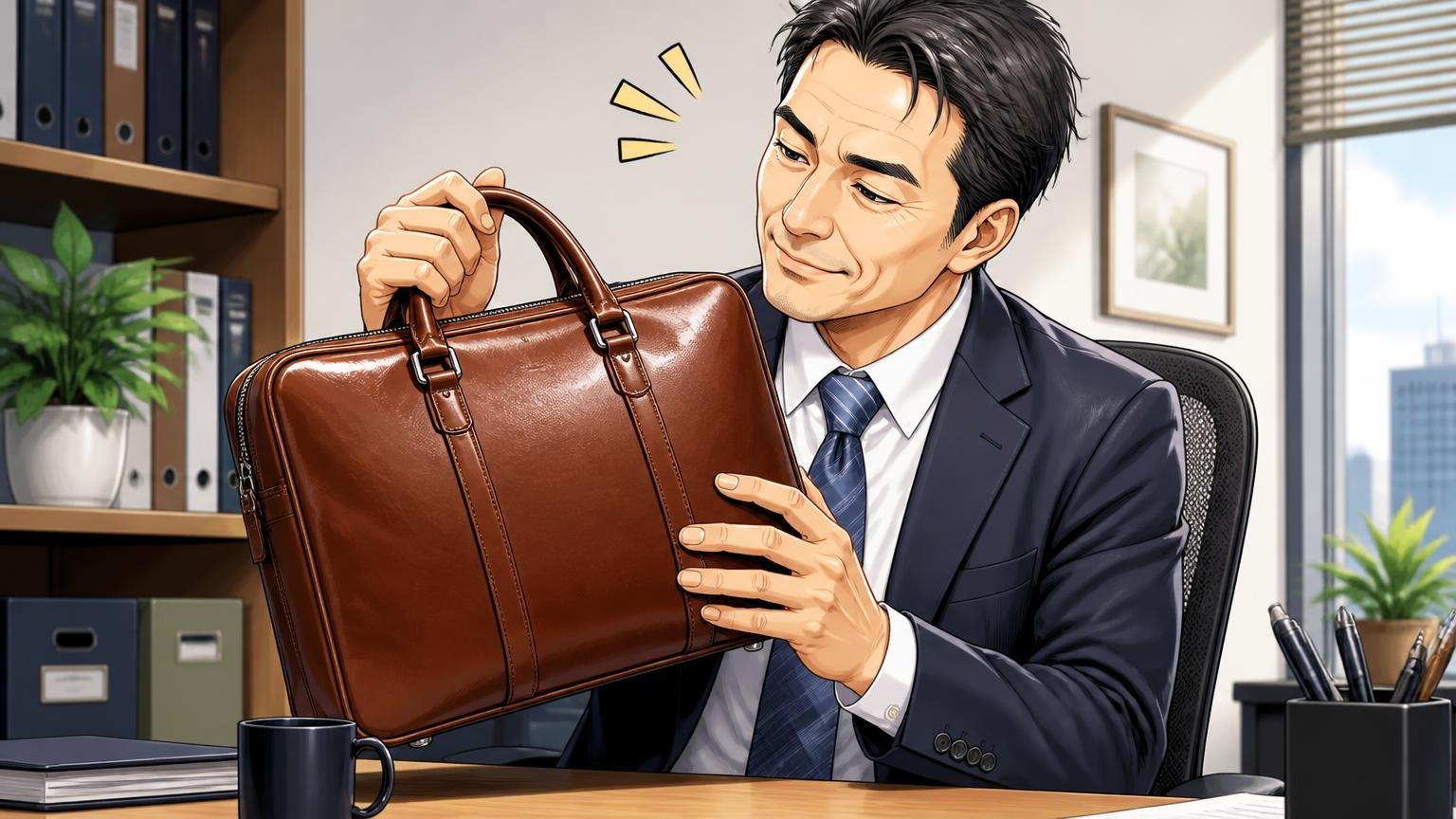 良い評判は革の質感・作り・品格。オフィスのデスクで革のビジネスバッグを手に取り、満足げに頷く40代男性1人