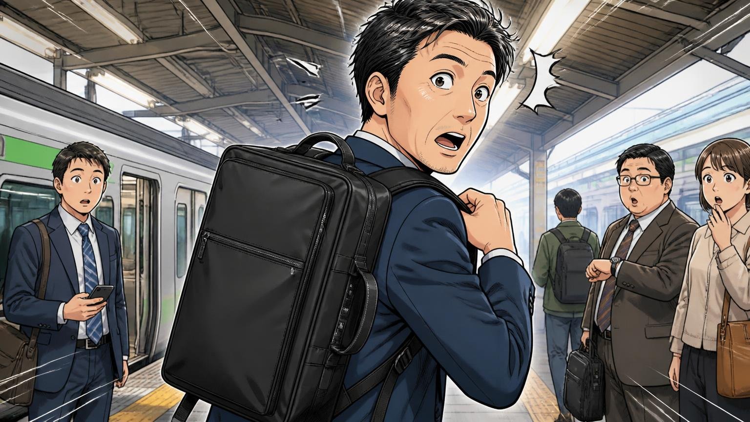 良い評判は「軽さ・PC収納・3WAY」に集中している。通勤駅のホームでビジネスリュックを軽々と背負い直す40代男性1人が驚いた表情