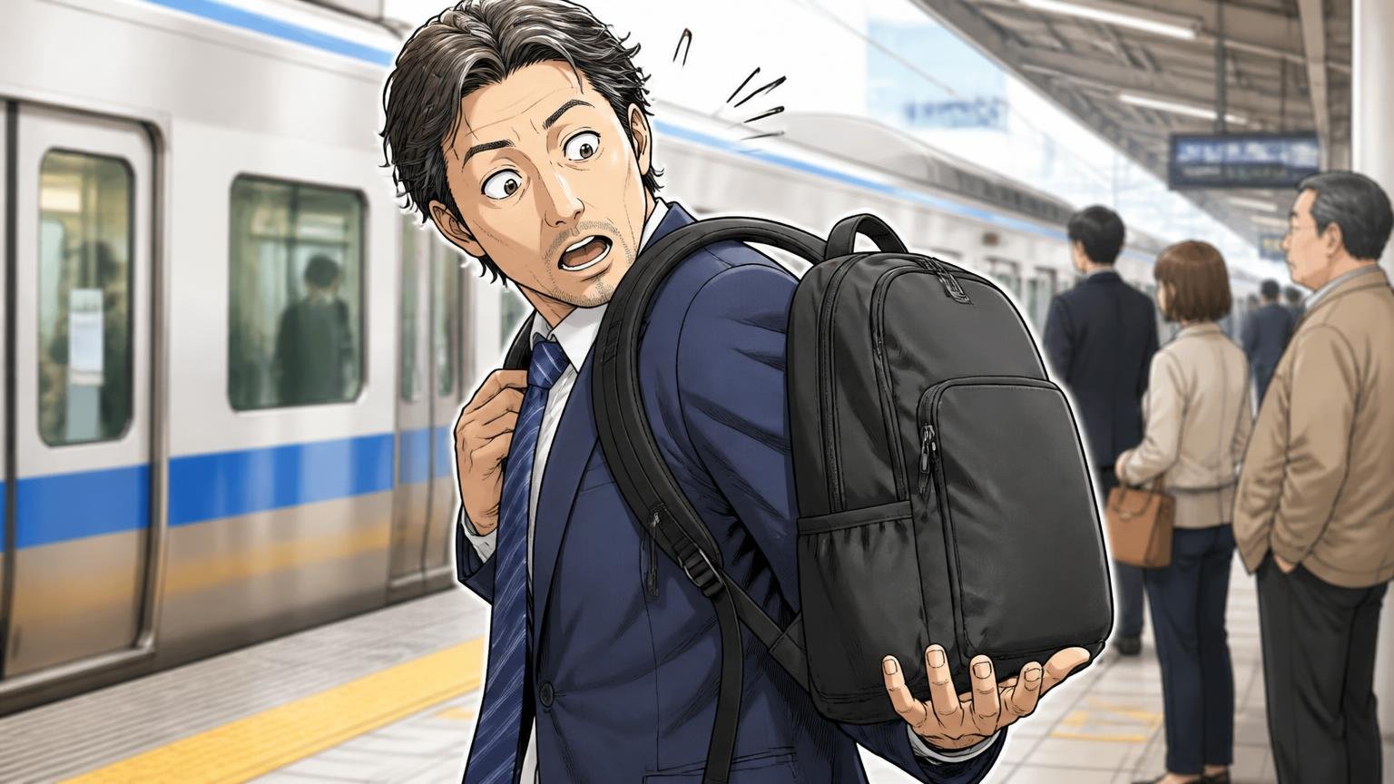 良い評判:軽い・収納が多い・スーツにも合う通勤電車のホームでリュックを背負った40代男性1人が軽さに驚く場面
