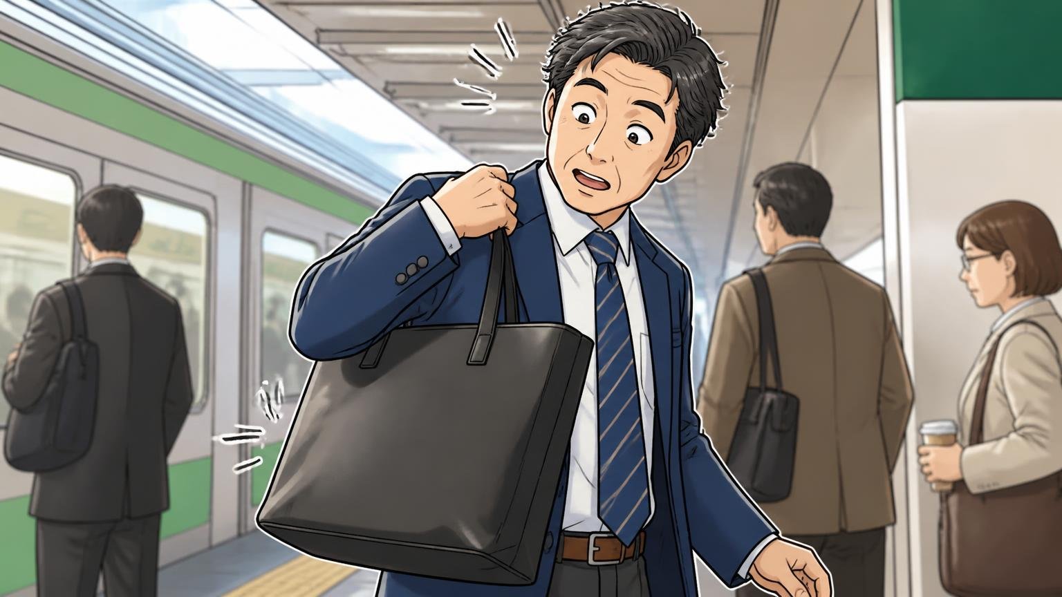 良い口コミ:「大きさの割に軽い」「PCが入って雨の日も使いやすい」 朝の通勤駅のホームでトートを軽々と肩に掛けて驚く40代男性1人