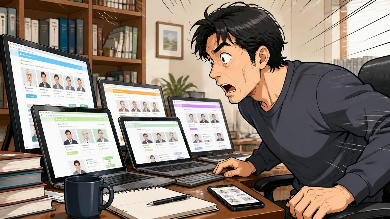 各媒体の見立てを並べると20代後半〜40代、上は50代まで｜自宅の書斎で複数のサイトを見比べる40代男性1人が驚いて身を乗り出す場面