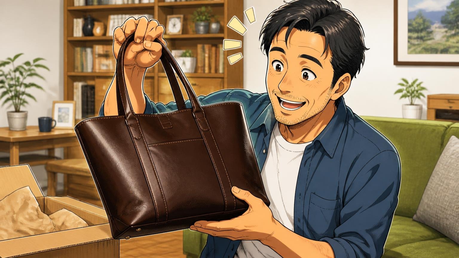 良い口コミ｜2万円台でこの革・収納が多い・自立する 自宅のリビングで届いた革トートを手に取る40代男性1人が笑顔でうなずく場面