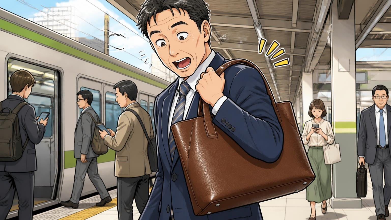 良い評判｜「本革なのに軽い」「この値段で安っぽくない」が多い 通勤電車のホームで革トートを肩に掛け、軽さに驚く40代男性1人