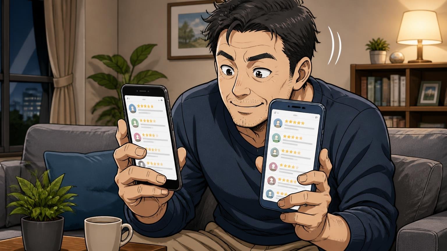 口コミの全体像は高評価が中心 夜のリビングでスマホのレビュー画面を見比べる40代男性1人がうなずく場面