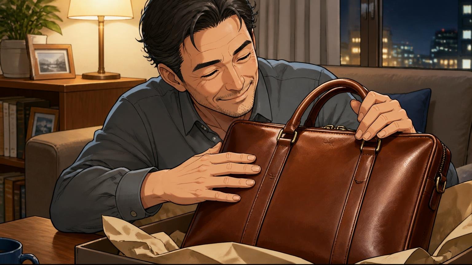 良い口コミに多いのは「革の手触り・発色・手頃な価格」 夜のリビングで届いた革のビジネスバッグを撫でる40代男性が目を細める場面