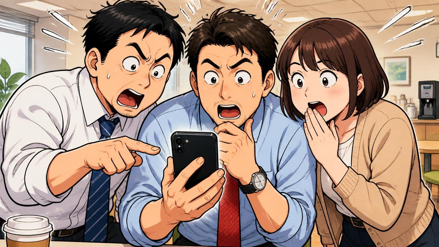 楽天レビューの年代構成では40代が最多だった　オフィスの休憩スペースで30〜40代の会社員3人がスマホのレビュー画面をのぞき込んで驚く場面