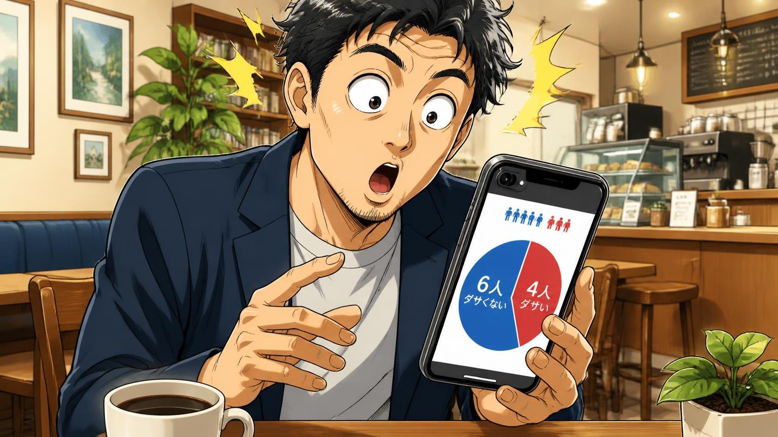 「ダサい」という声は少数派｜10人アンケートでも6人が「ダサくない」、カフェの席でスマホのアンケート結果を見る40代男性1人が目を丸くして驚く場面