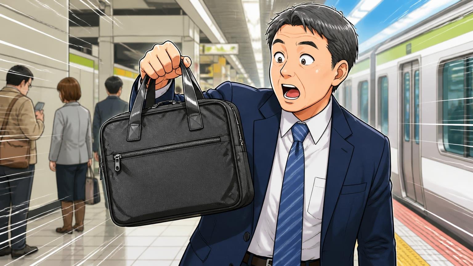 良い評判①：驚くほど軽いのに丈夫で、10年使い切った人もいる 通勤駅のホームで軽いバッグを片手で持ち上げ驚く40代男性1人