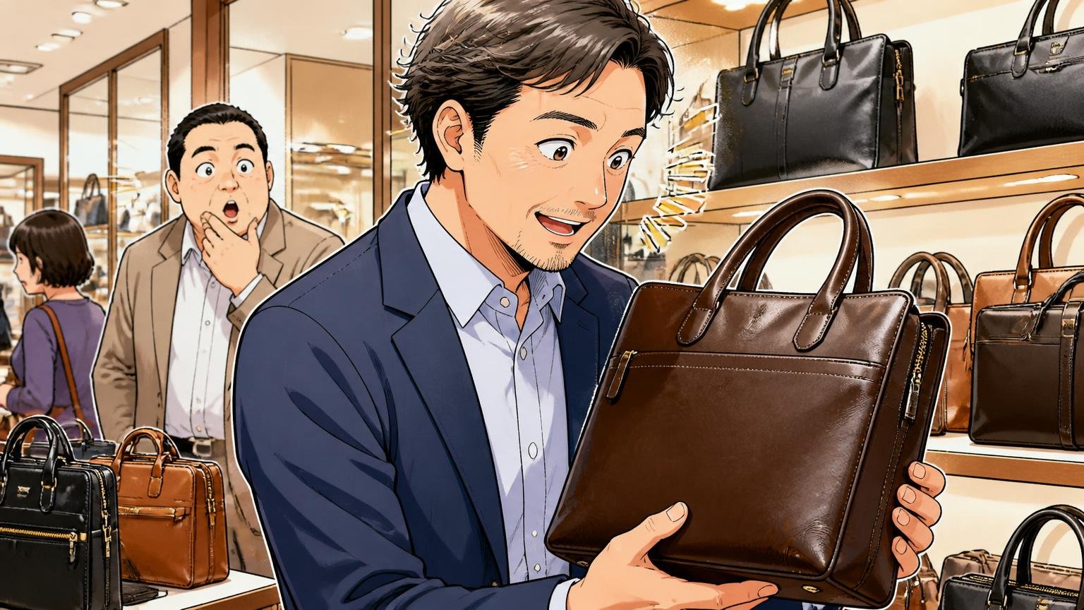 良い口コミは質感・機能・作り・控えめなデザインの4つ 百貨店の鞄売り場で40代男性が革バッグを手に取り感心する場面