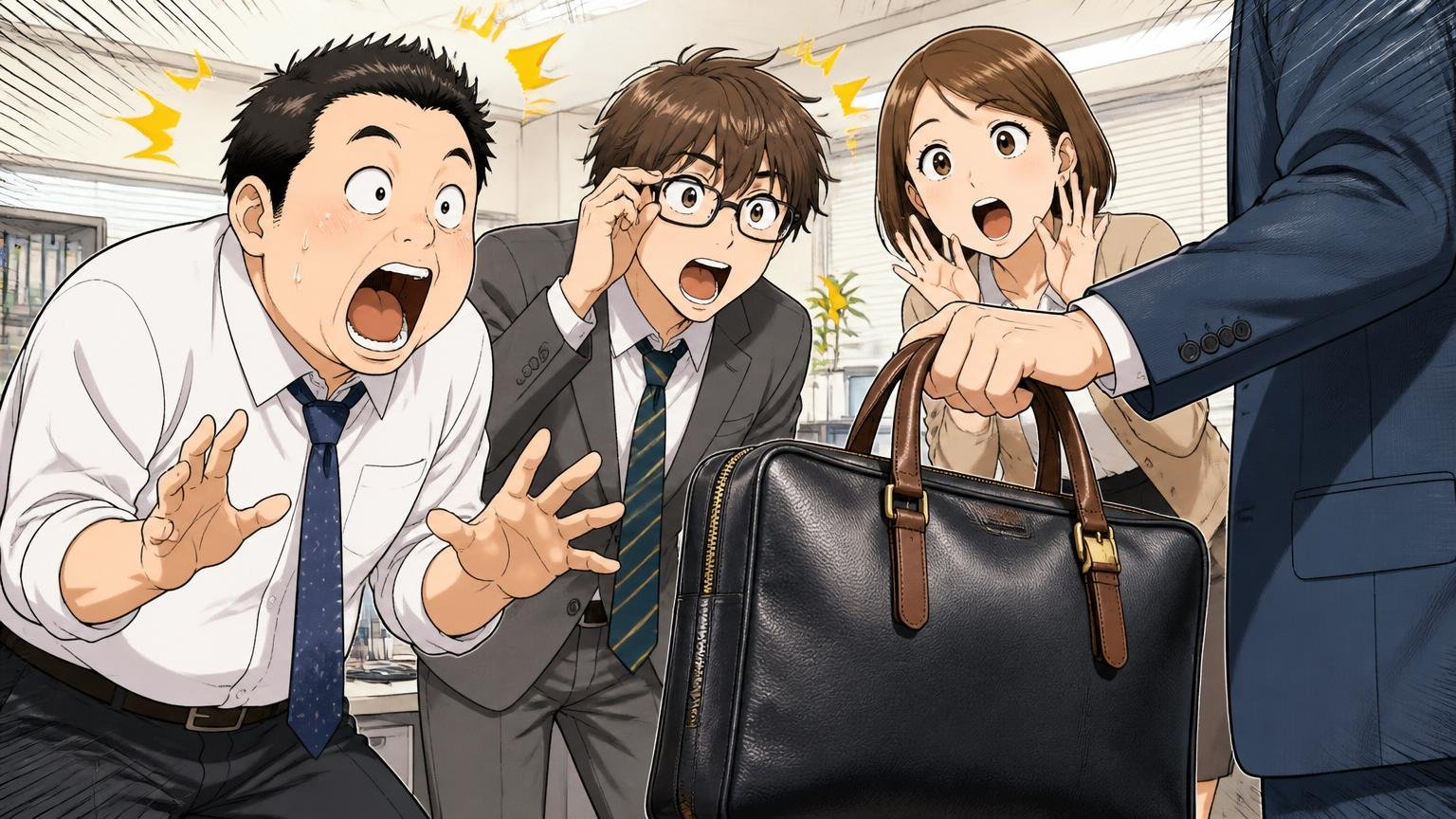 良い評判:「おしゃれ」「派手すぎない」「傷や色落ちに強い」 オフィスで同僚3人が革のビジネスバッグを見て驚く場面