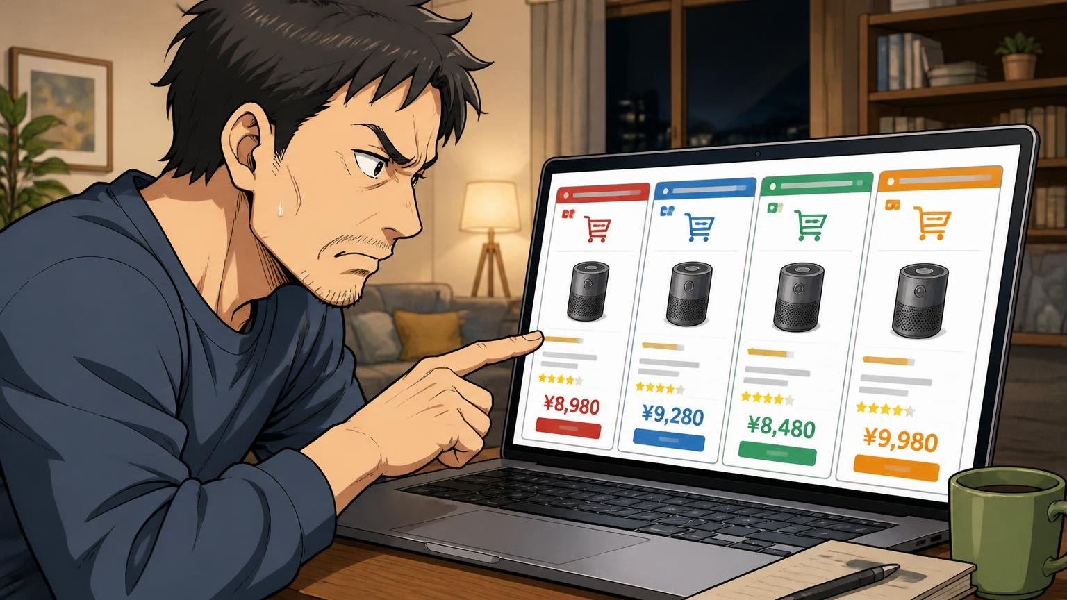 同じモデルで4販路の価格を並べてみた結果 夜のリビングでノートパソコンに4つの通販サイトを並べて見比べる40代男性1人 眉をひそめて画面を指さす