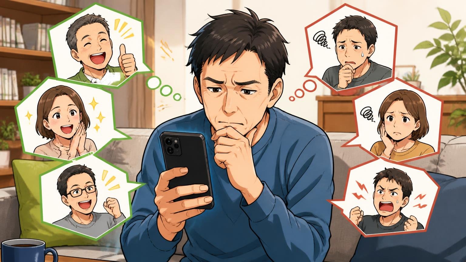 口コミを集めて見えた良い評判と気になる評判 自宅のリビングでスマホの口コミを見比べる場面 40代男性1人 眉を寄せて考え込む
