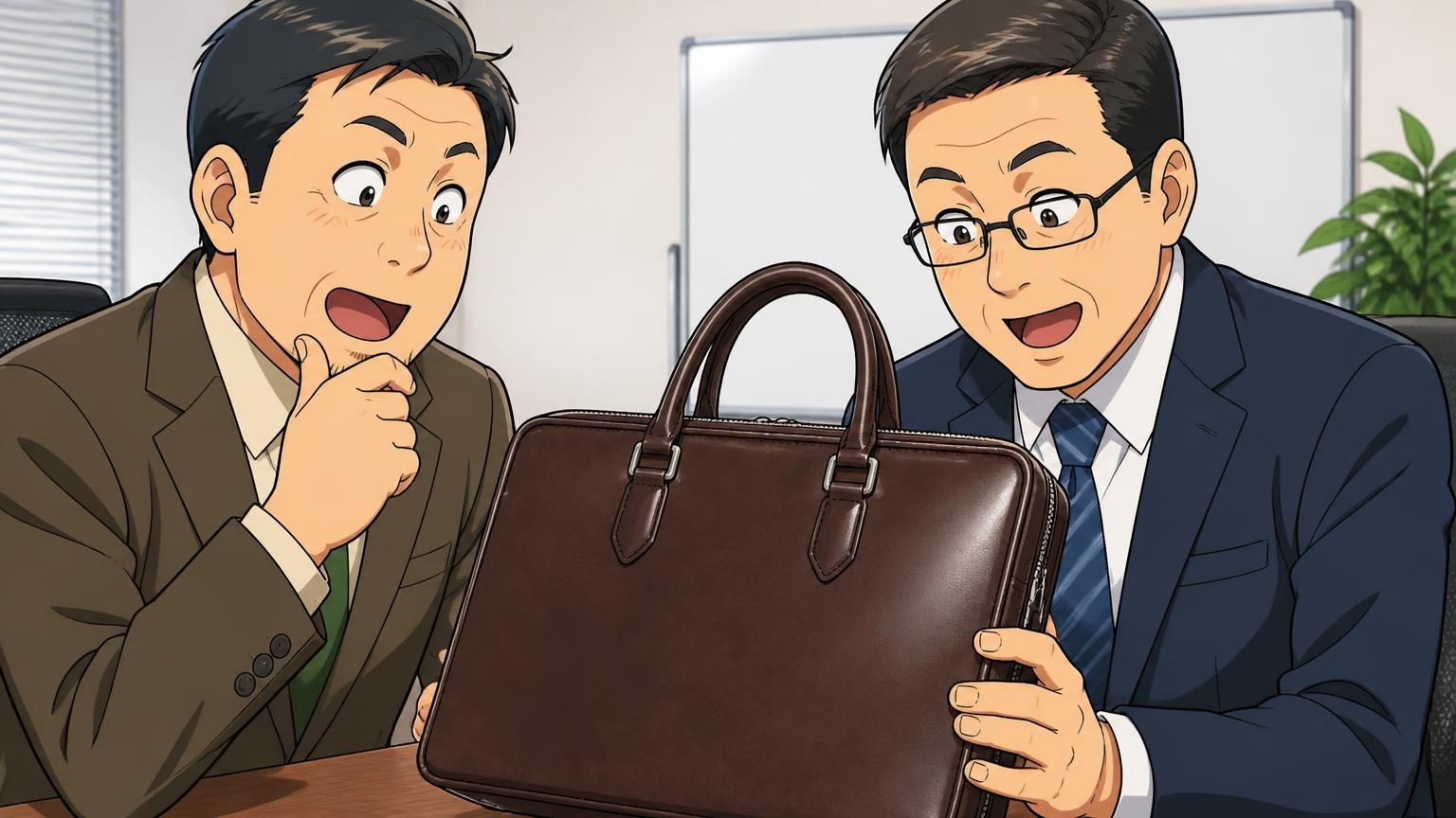 良い評判はコスパ・革質・日本製の3つ。オフィスの会議室で40代男性2人が革のブリーフケースを手に取り感心して頷く場面