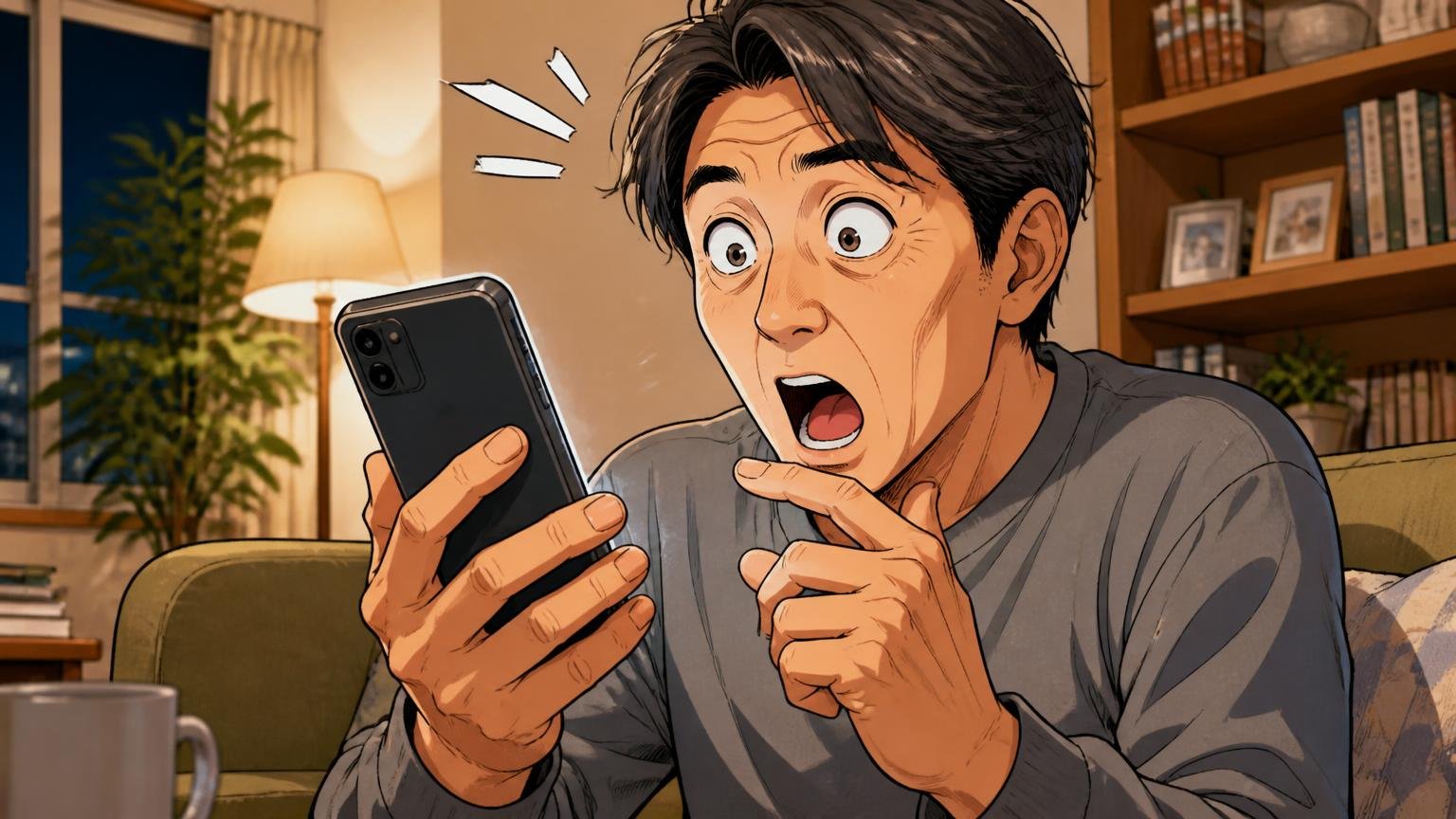 結論：楽天49件のうち★4以上が91%｜良い声3つ・気になる声3つ。夜のリビングでスマホの口コミ画面を見つめる40代男性1人が目を見開く場面