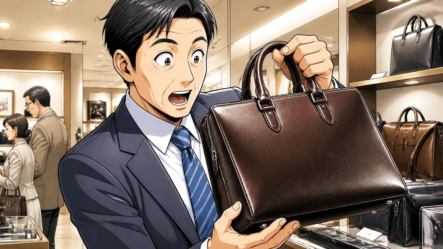 良い口コミ：品のあるデザインと、しっかりした作り・機能性 百貨店の売り場で革のビジネスバッグを手に取る40代男性1人が目を見開く場面