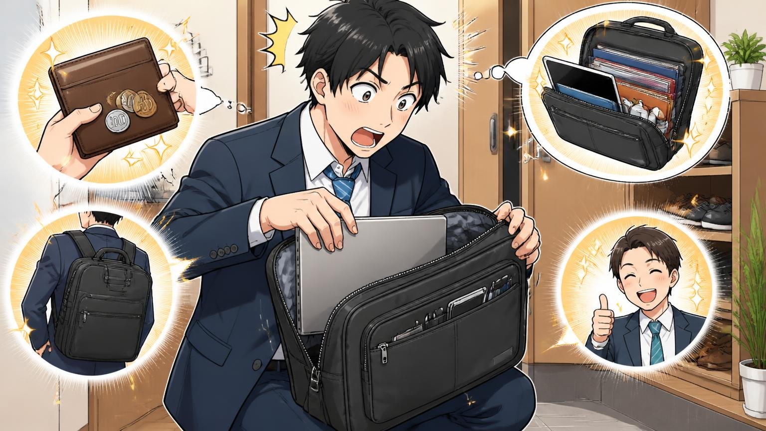 良い評判：安い・軽い・収納が多い・リピーターが多い 自宅の玄関でビジネスバッグにノートPCを入れて驚く会社員の男性1人