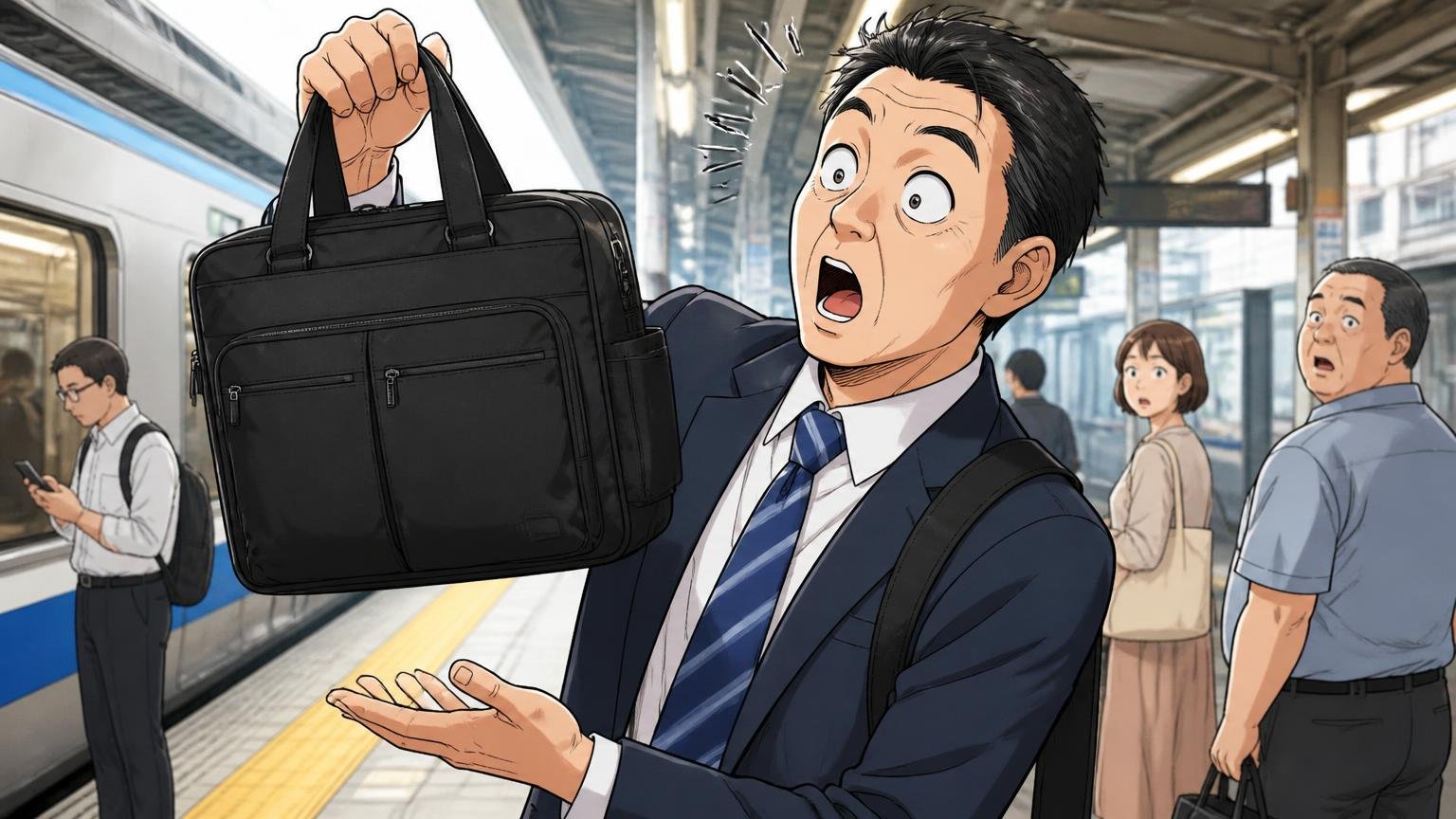 良い評判は「軽さ」「ポケットの多さ」「1万円前後で買える手頃さ」 通勤電車のホームで40代男性が軽いバッグを片手で持ち上げて驚く場面