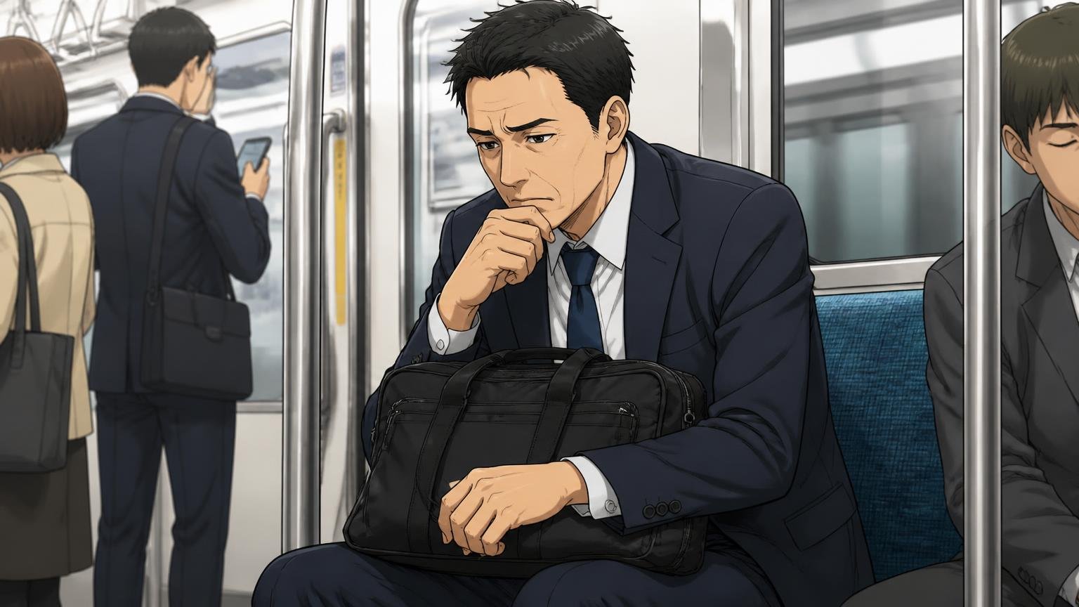 結論:機能と丈夫さを求める人には高評価、革の落ち着きを求める40代には物足りない 通勤電車で黒いナイロンバッグを膝に置き考え込む40代男性1人