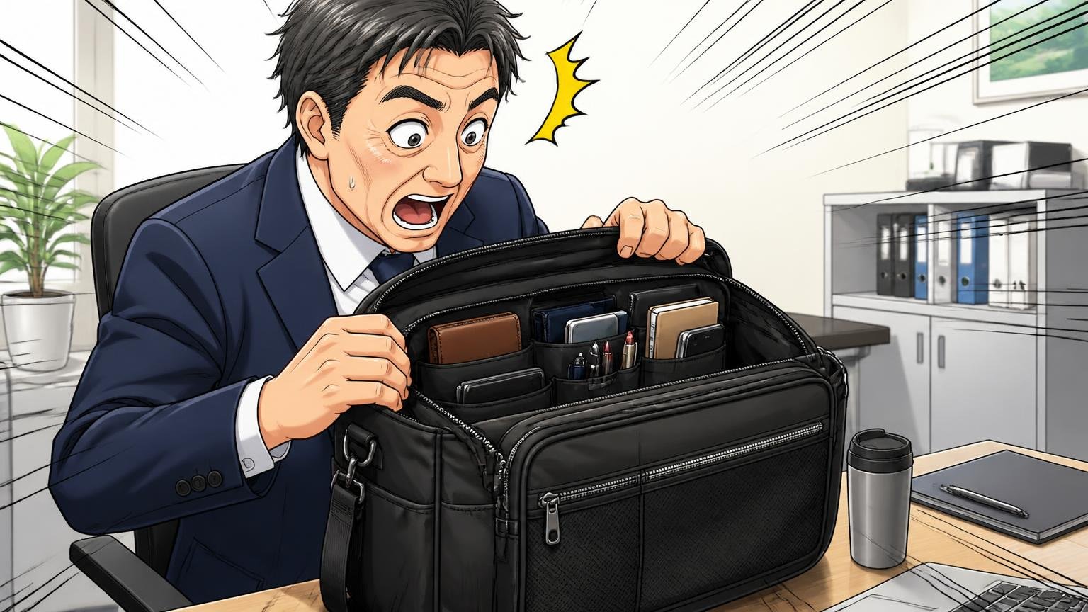 良い評判：ポケットが多く2wayで使え、質実剛健で30〜50代向け オフィスのデスク脇で40代男性がバッグの内ポケットを開けて驚く場面