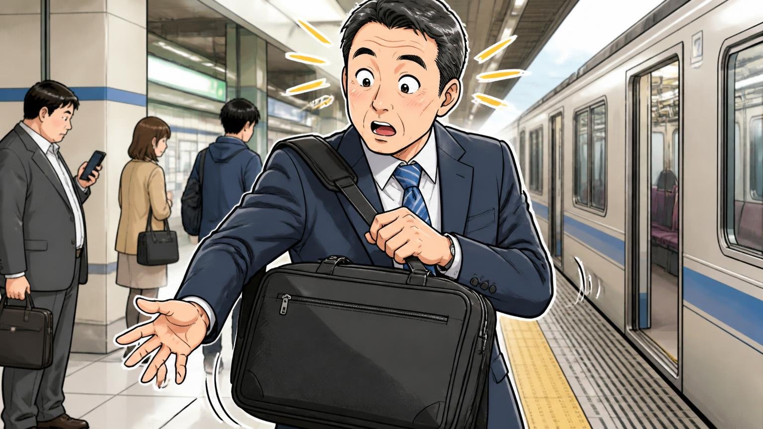 良い口コミ|軽さ・収納力・エース製の安心感を評価する声が多い 通勤電車のホームで布製のビジネスバッグを肩にかけ、軽さに驚く40代男性1人