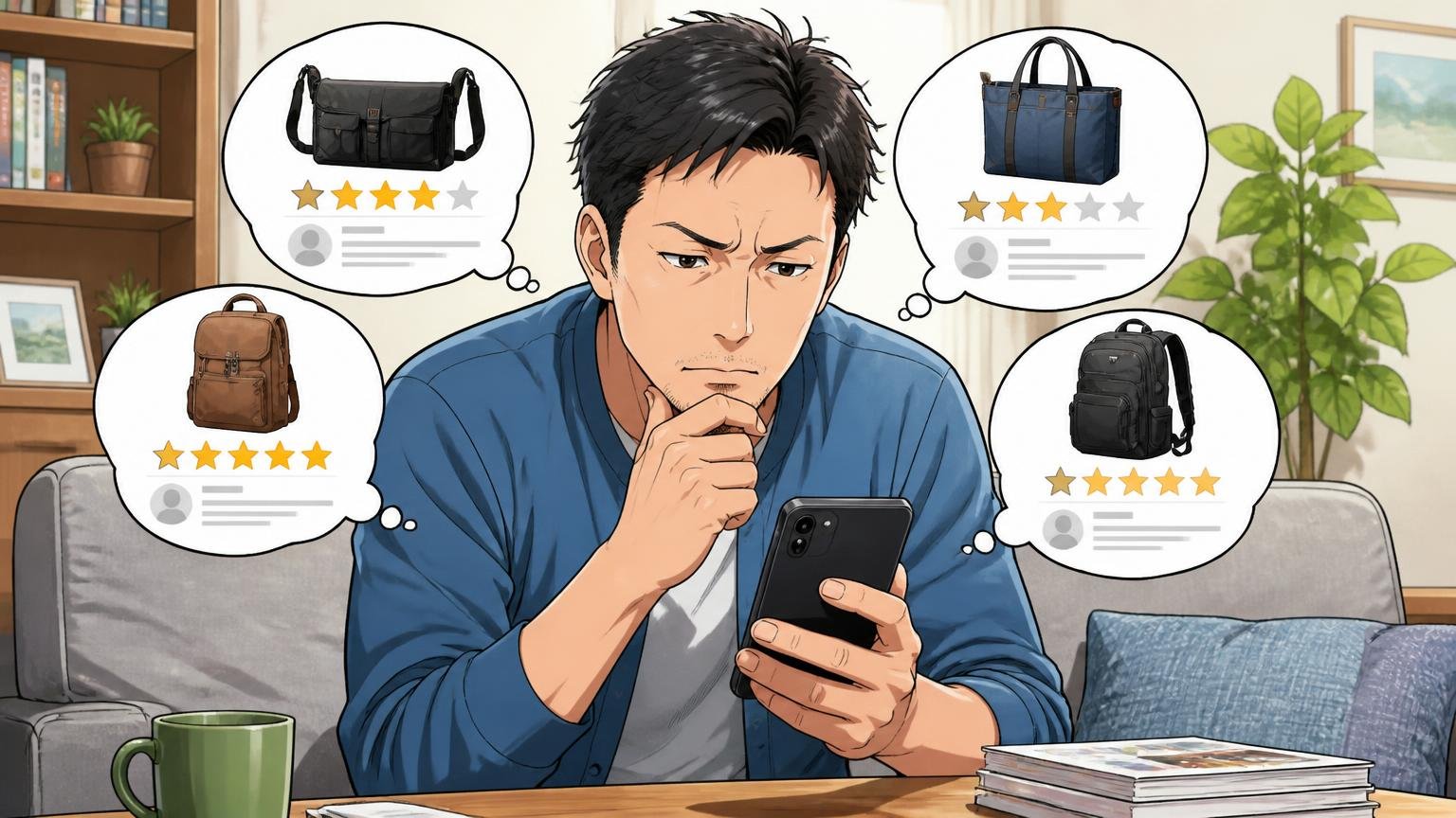 口コミ評判のまとめ 自宅のリビングで通販のバッグの口コミをスマホで読み比べる場面 40代男性1人が眉を寄せて考え込む