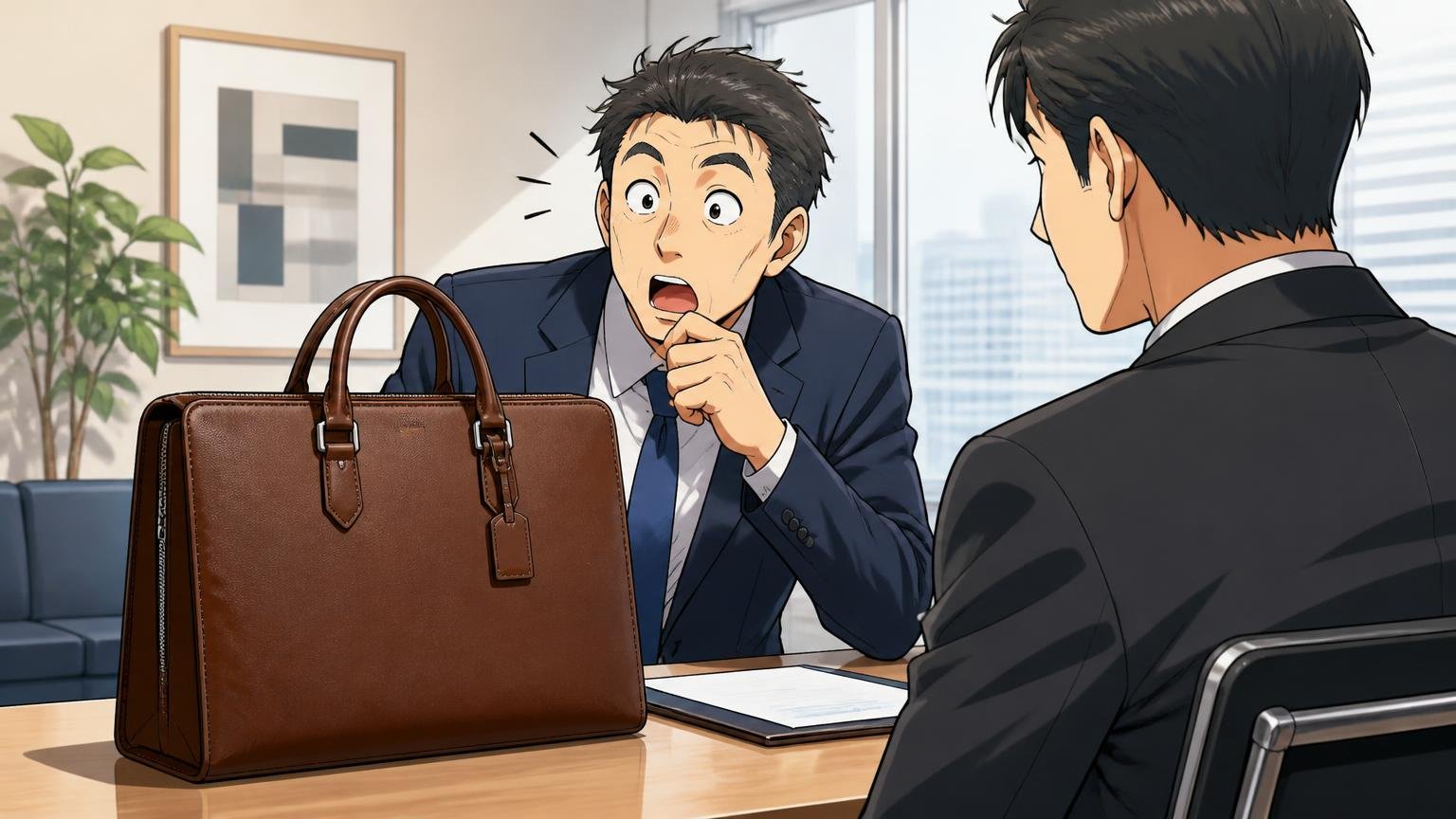 良い評判の結論:ロゴが控えめで「嫌味がない」品の良さと革の質感 商談の席で取引先が革のビジネスバッグに目を留める場面