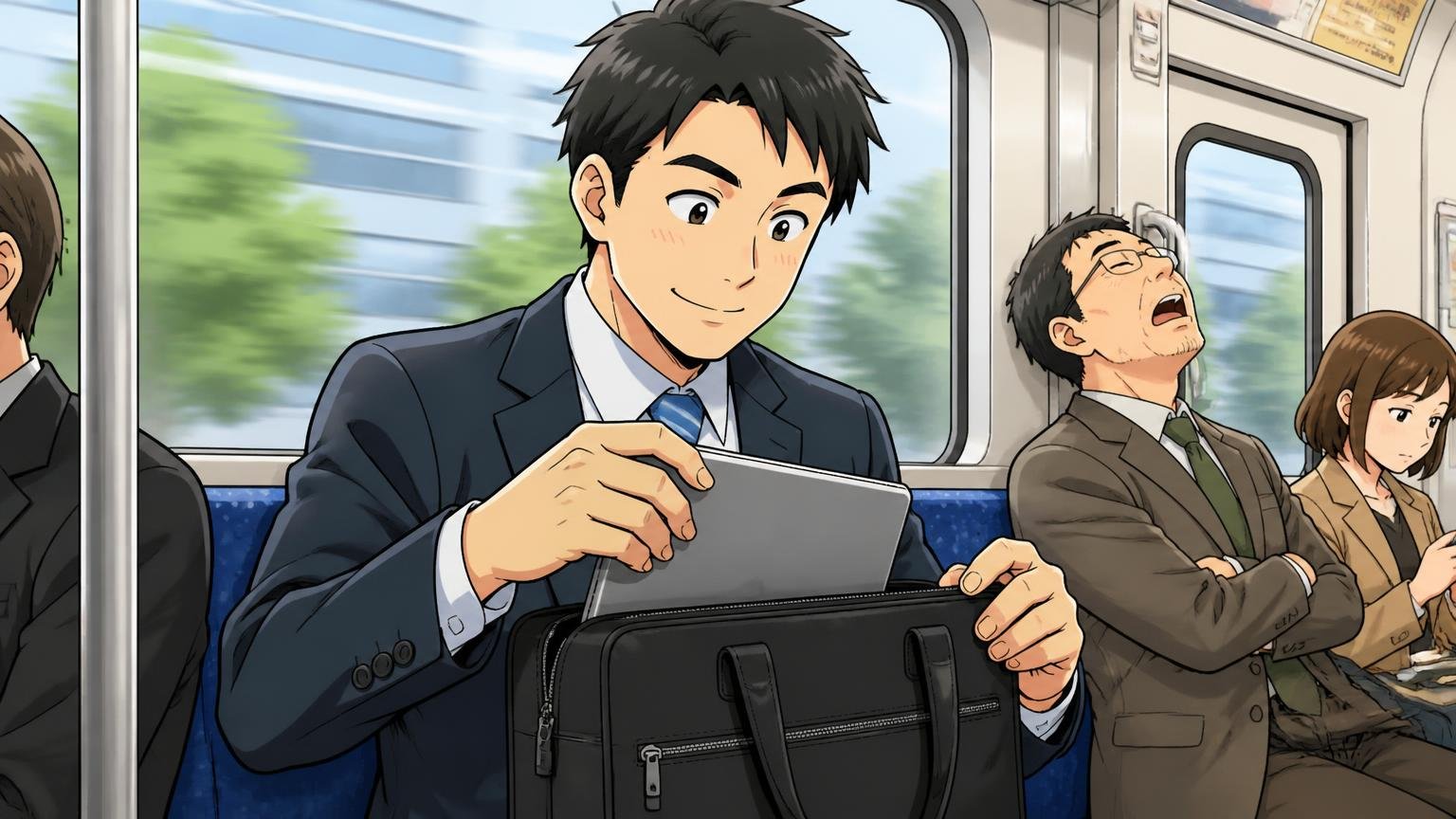良い口コミは「シンプル」「軽い」「たくさん入る」に集中 通勤電車の座席で黒いバッグにタブレットを収めて満足げな会社員1人の場面