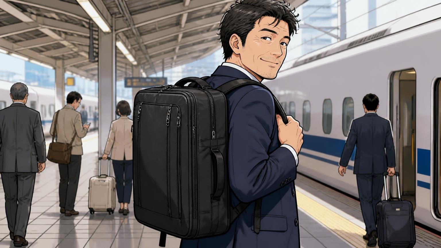 良い口コミ:3WAY・大容量・「この価格でこの見た目」 出張先の駅のホームで3WAYバッグを背負った40代男性1人が満足げに笑う場面