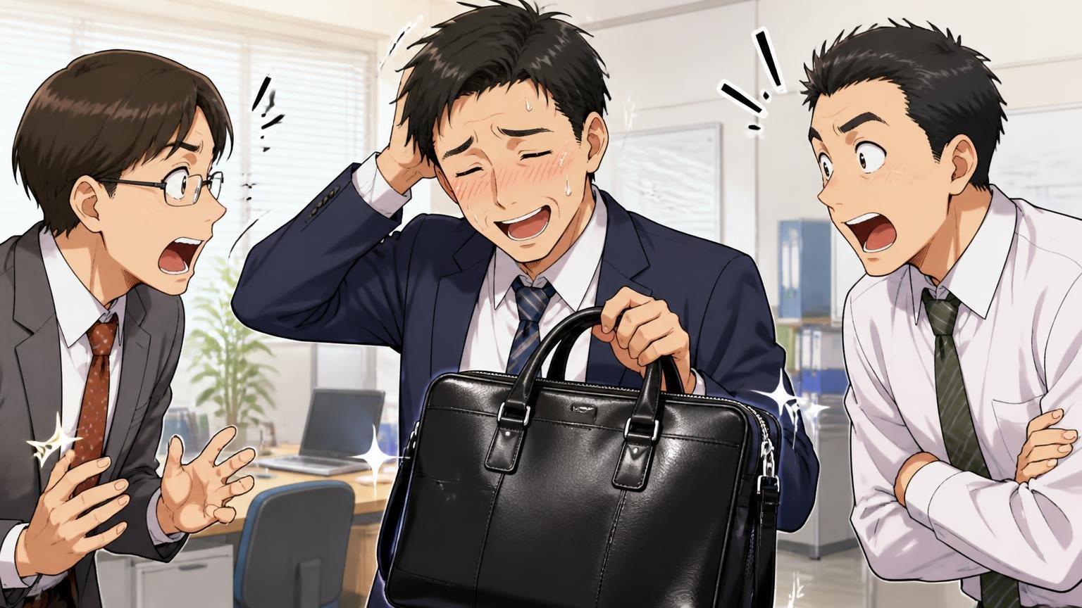 良い口コミ:数万円のバッグに見える質感、オフィスで同僚にバッグを褒められ照れる40代男性と驚く同僚2人