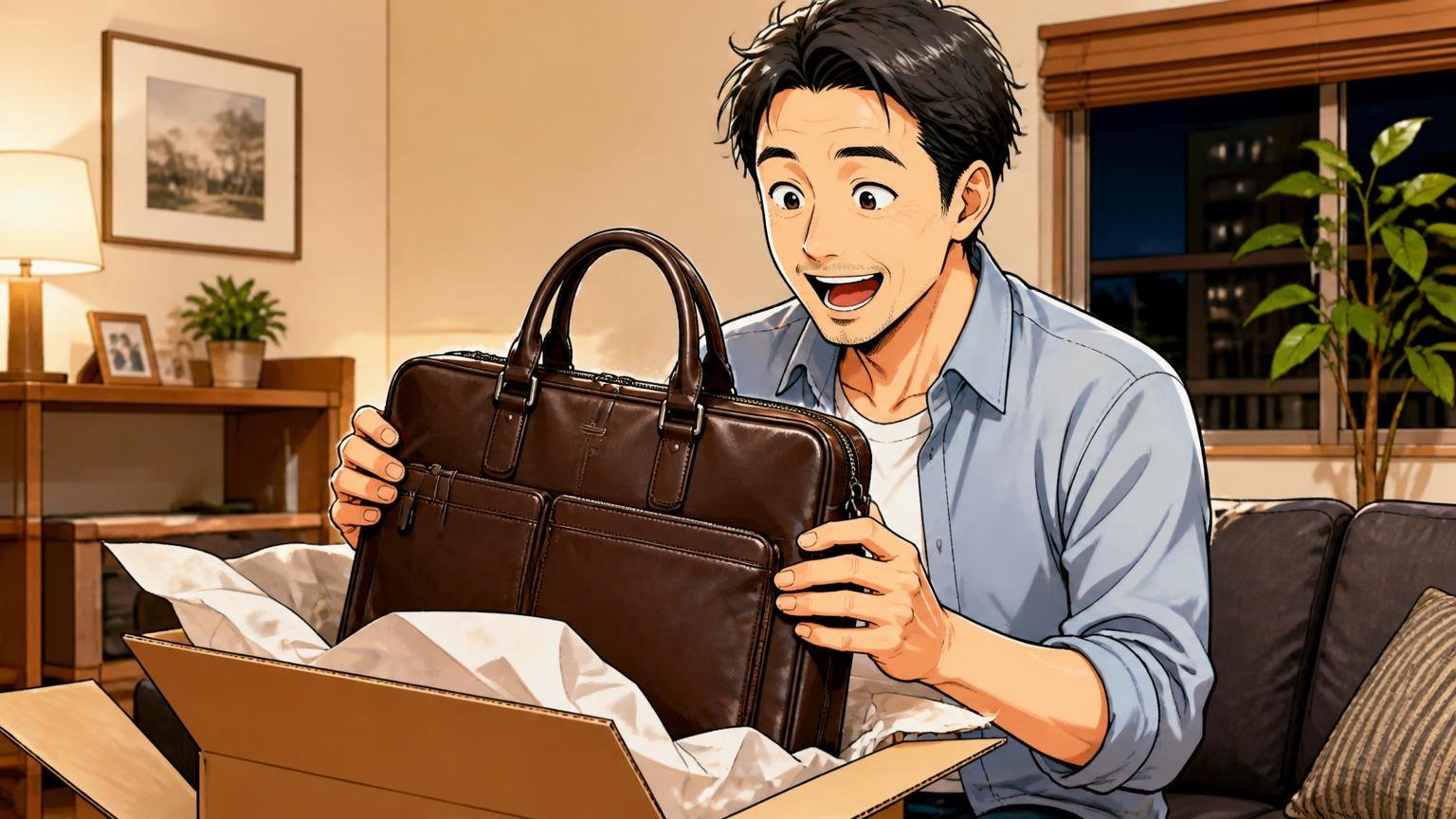 良い評判は「値段以上の見た目」「落ち着いた色」「ポケットの多さと軽さ」 夜のリビングで届いた革のビジネスバッグの箱を開けて笑顔になる40代男性1人