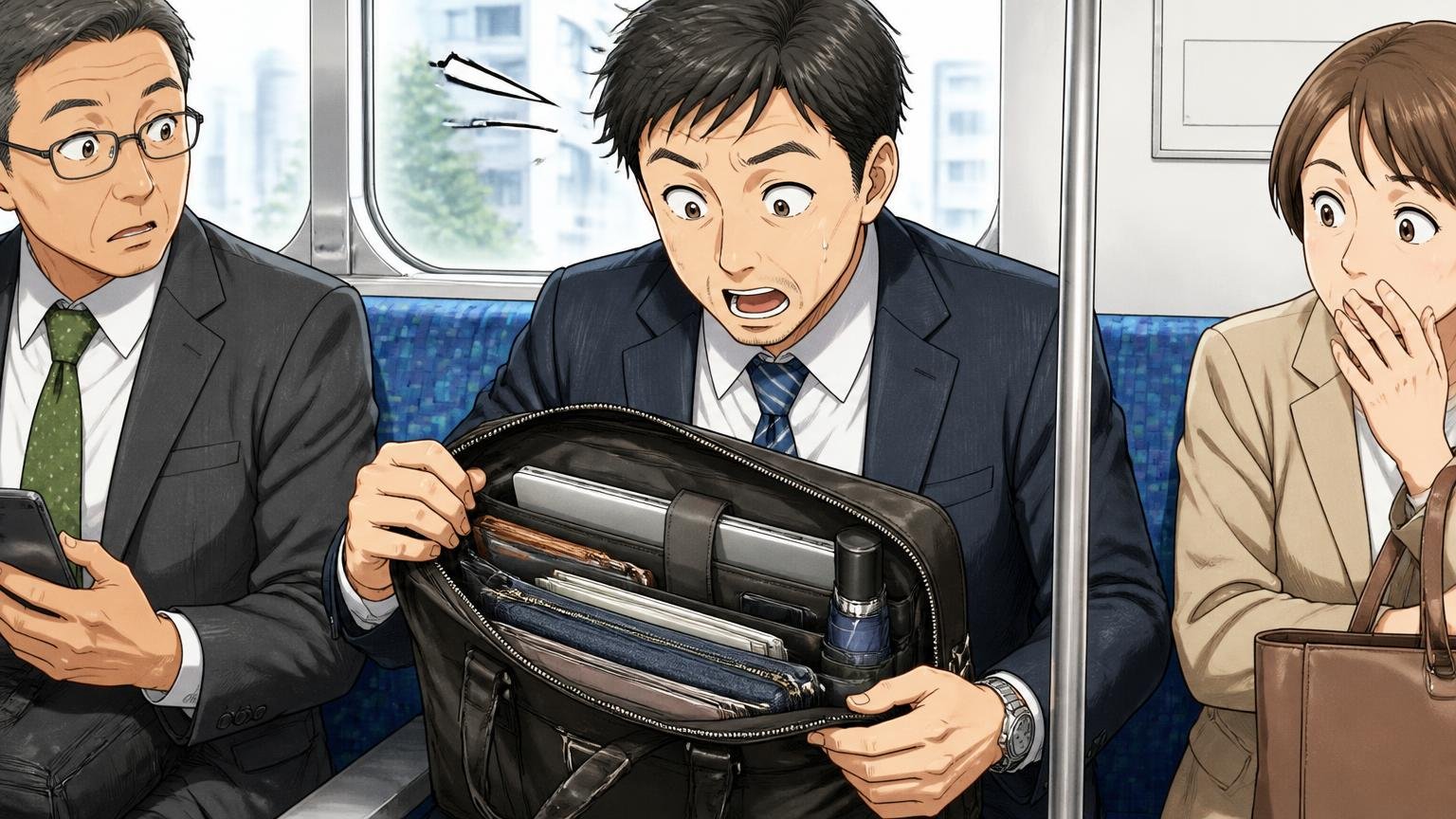 良い評判｜「安っぽく見えない」「PCも傘も入る」通勤電車の座席でビジネスバッグを膝に置く40代男性1人が中身を見せて驚く場面