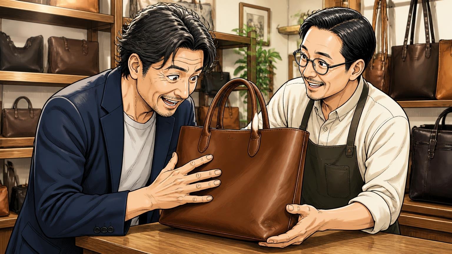 良い口コミで多いのは「革の質感・経年変化・ロゴに頼らない佇まい」、店舗のカウンターで革のトートを手に取った40代男性と店員が笑顔で革をなでる場面